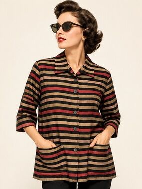 Vintage 100% Silk JM Collection Shirt Jacket Shacket Black Tan Pink Stripe